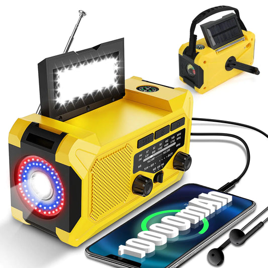 Solar Hand Crank Radio with 10000mAh Battery AM/FM/NOAA Emergency Weather Radio with Reading Lamp Flashlight Torch Light SOS Alarm Compass Thermometer & Headphone Jack for Home Outdoor